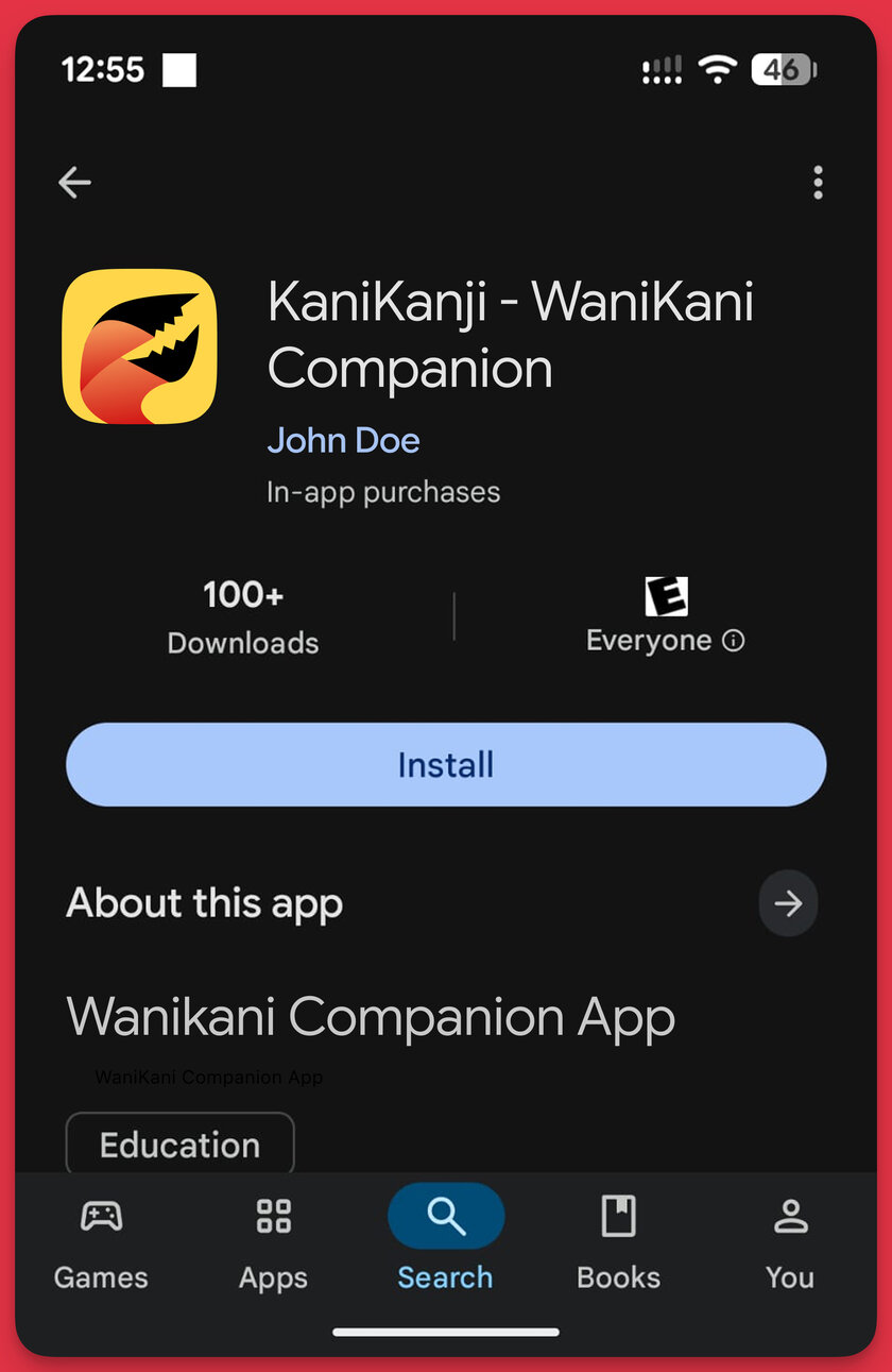 A Google Play listing for "KaniKanji - WaniKani Companion" whose description opens with "Wanikani Companion App" and never states that the app is unofficial or third-party.