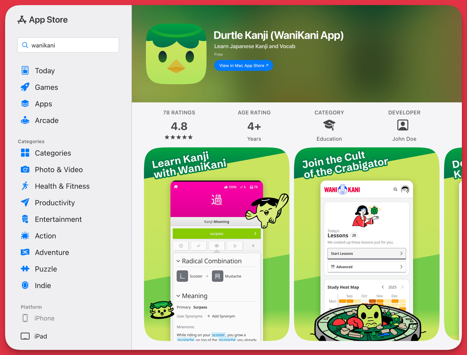 An App Store listing for "Durtle Kanji (WaniKani App)" that uses a WaniKani mascot as its app icon, WaniKani illustrations and the WaniKani logo throughout its promotional screenshots, and a near-identical copy of the WaniKani interface.