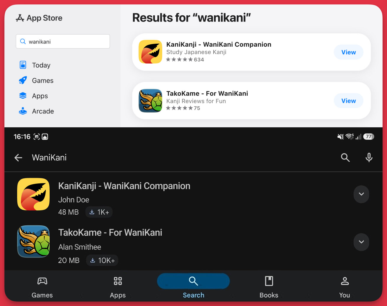 App store listings for "KaniKanji - WaniKani Companion" and "TakoKame - For WaniKani", where the product names themselves contain "WaniKani".