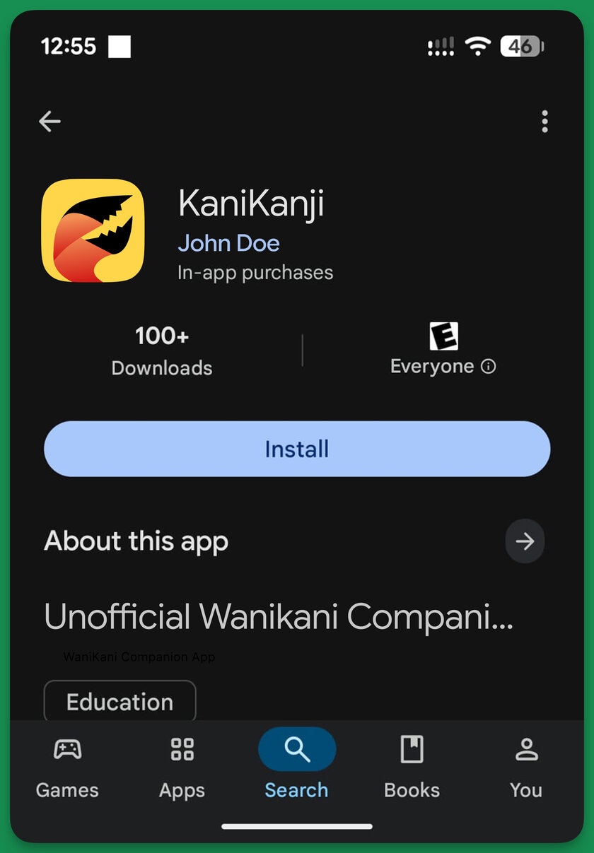A Google Play listing for KaniKanji whose description opens with "Unofficial Wanikani Companion App".