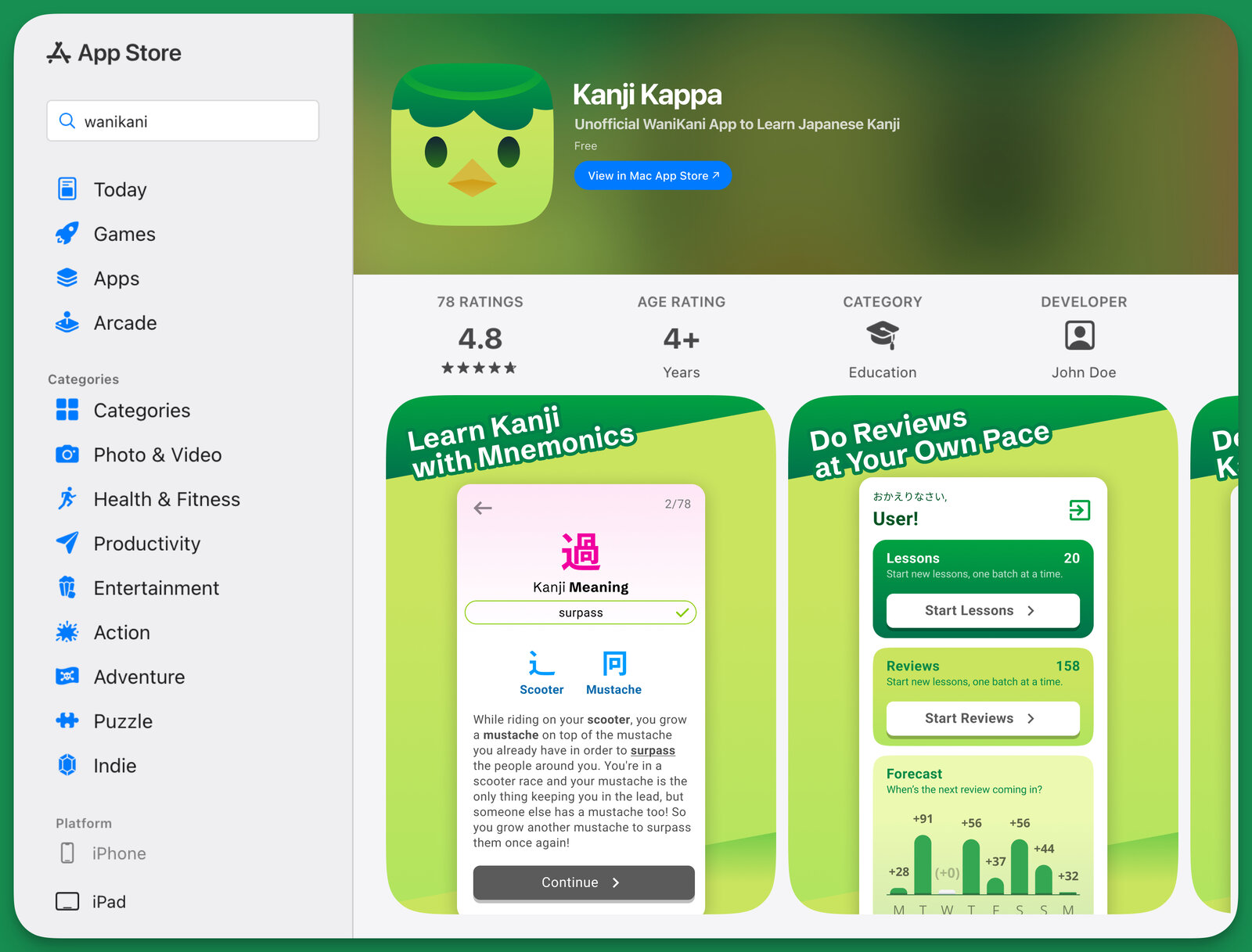 An App Store listing for "Kanji Kappa", subtitled "Unofficial WaniKani App to Learn Japanese Kanji", using its own app icon, its own illustrations, and its own interface design.