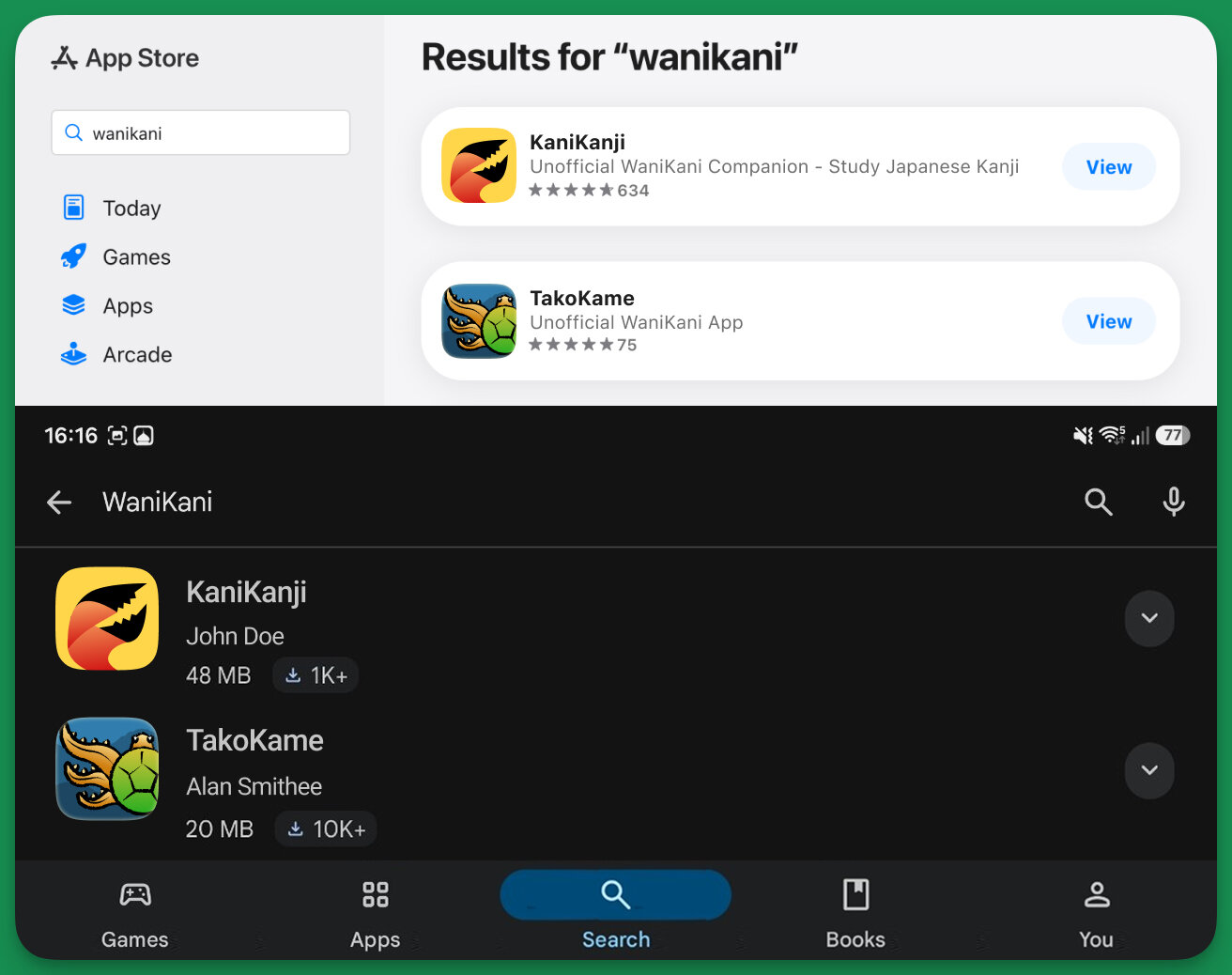 App store listings for KaniKanji and TakoKame, where the product names do not contain "WaniKani" and the connection to WaniKani appears only in the subtitle.